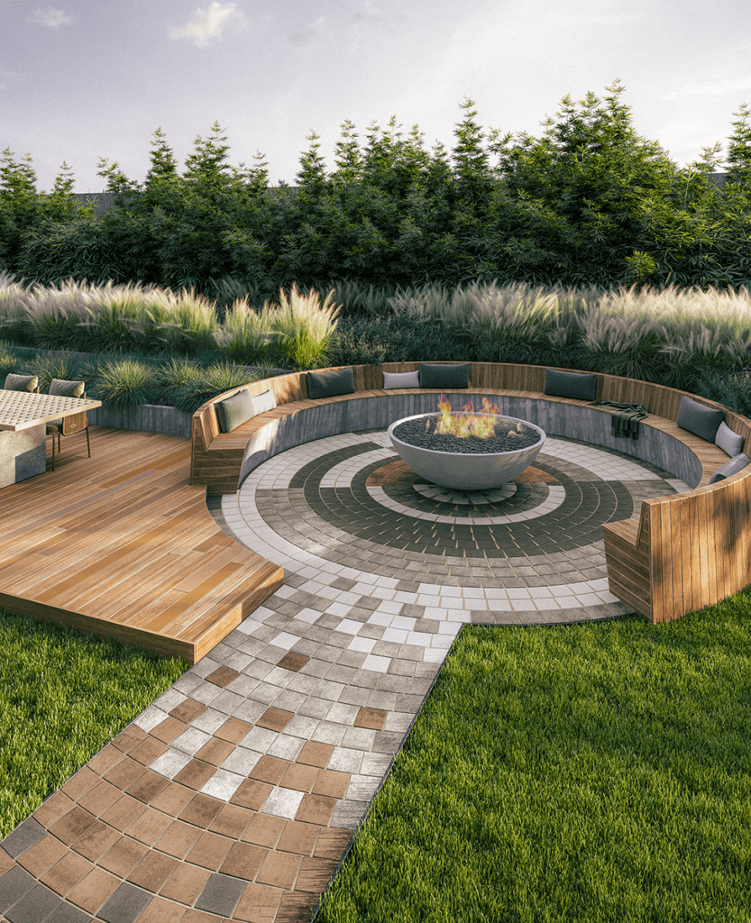 Concept for custom paver patio space with mixed materials and fire pit