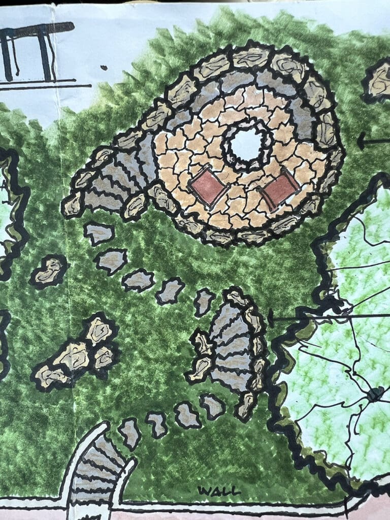 Concept for custom outdoor living space with fire pit and conversation area
